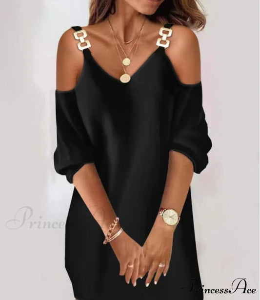 Women V-neck for Casual Gown with Mid-Sleeves Black / S