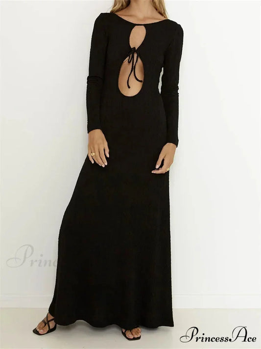 Women Vintage Elegant Sleeve Front Cutout Tie-up Solid Color Solid Color Party Autumn Vestidos Black / S