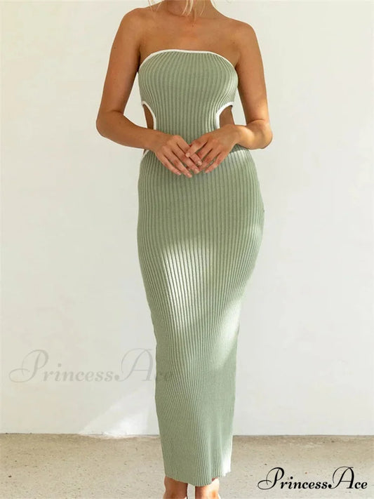 Women Waist Hollow Out Tube Strapless Off Shoulder Contrast Color Ribbed Summer Party Clubwear GREEN / S