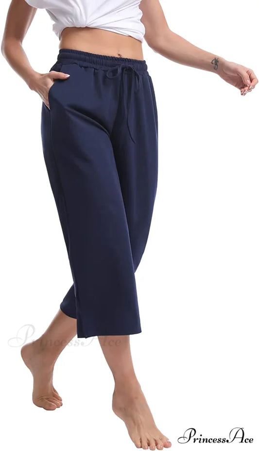 Women Wide Leg Comfy Drawstring Loose Yoga Pants Navy Blue / Medium