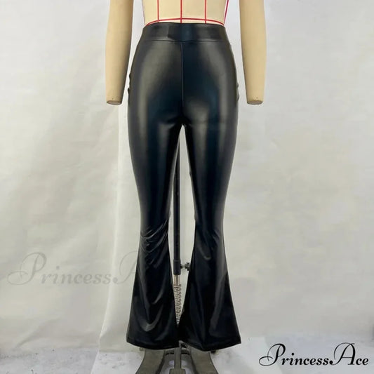 Women Winter High-waist Sensual Pu Leather Shiny Bell Bottoms Style Pants Black / S