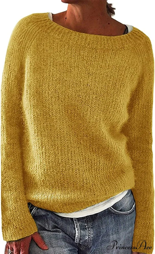 Women Winter Loose Casual Pullover Knit Sweater Yellow / XX-Large