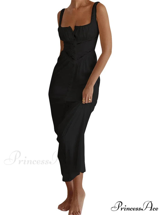 Women Y2K Low Cut Square Neck Boho Lace Floral Patchwork Sleeveless Strap Ruched Vestidos Sundress Black / S