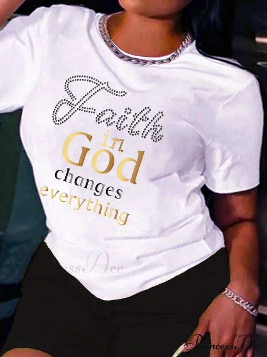 Women’s Alphabet All-Season Comfortable Durable Fashionable Stretch Easy Care Crew Neck Tee T-shirt WHITE / S