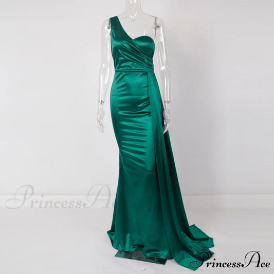 Women’s Blue Evening Green Gown Full-Length Party Royal with Sexy Gown Satin Long Ribbon Draped Dress Green / XS
