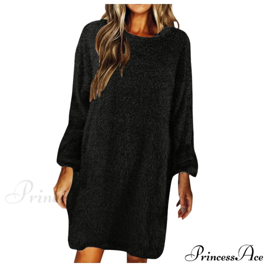 Women’s Casual Floral Splicing Printed Round Neck Midi 2024 New Spring Autumn Fashion Loose Long Sleeve Dress Black / S