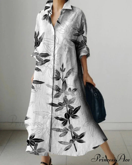 Women’s Collar Extended Sleeve Flower Pattern Shirt Dress color1 / S oldfloraldress-250126