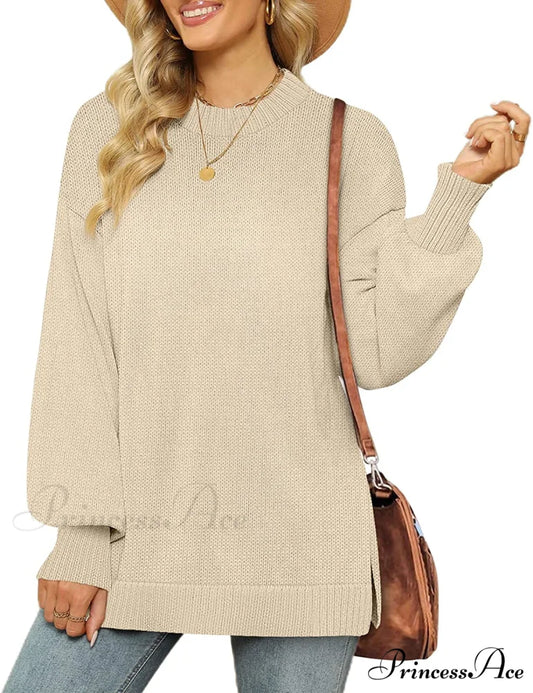 Women’s Crew Neck Lantern Sleeves Side Slit Ribbed Sweater 02-apricot / Medium
