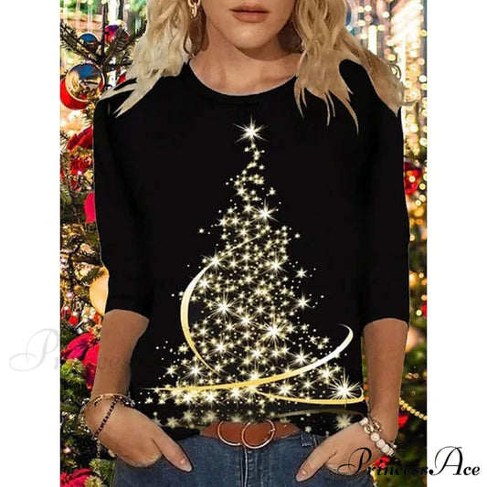 Women’s Design Neck Round Festive Long Red Flowered Peacock Green Arm Tree Christmas Casual Blue Brick Dark Shirt Black