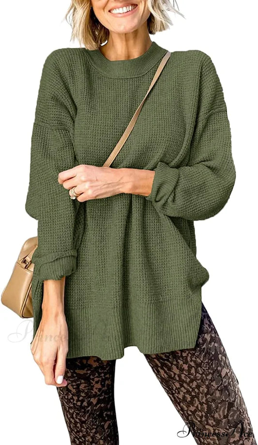 Womens Fall Sweater Crew Neck Long Sleeve Pullover Sweaters Army Green / X-Large