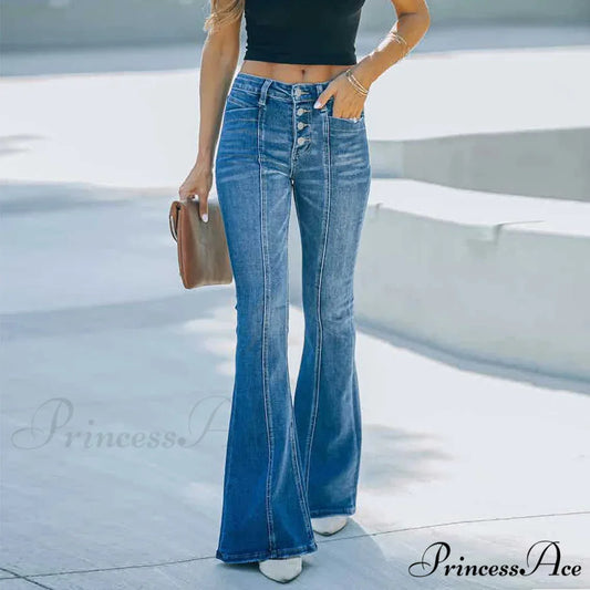 Women’s Flared Patchwork Vintage Fashion Stretch High Waist Casual Slim Streetwear Wide Leg Flare Jean Blue / S