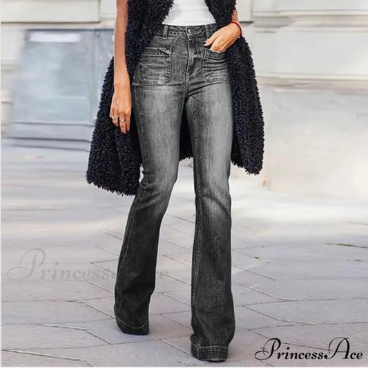 Women’s Flared Stretch Fashion High Waist Vintage Casual Full Length Slim Streetwear Wide Leg Flare Jean Black / S