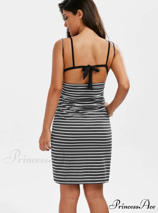 Women’s Knee-length Striped Dress with V-neck and Spaghetti Straps M / Black