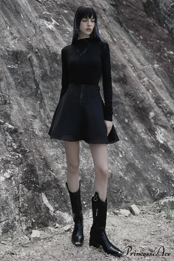 Women’s Large-hole Mesh Stitching Sun-hem Twill Chiffon Gothic Daily Black Women Mini Skirt BLACK / S