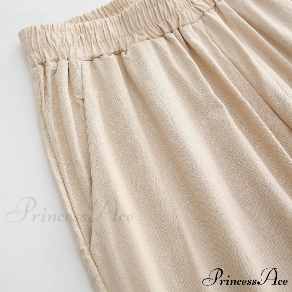 Womens Linen Capri Pants with Pockets Full Elastic Waistband Casual Pants
