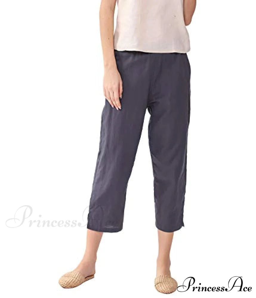 Womens Linen Capri Pants with Pockets Full Elastic Waistband Casual Pants