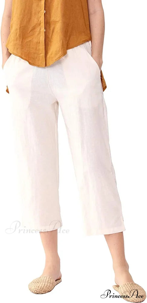 Womens Linen Capri Pants with Pockets Full Elastic Waistband Casual Pants