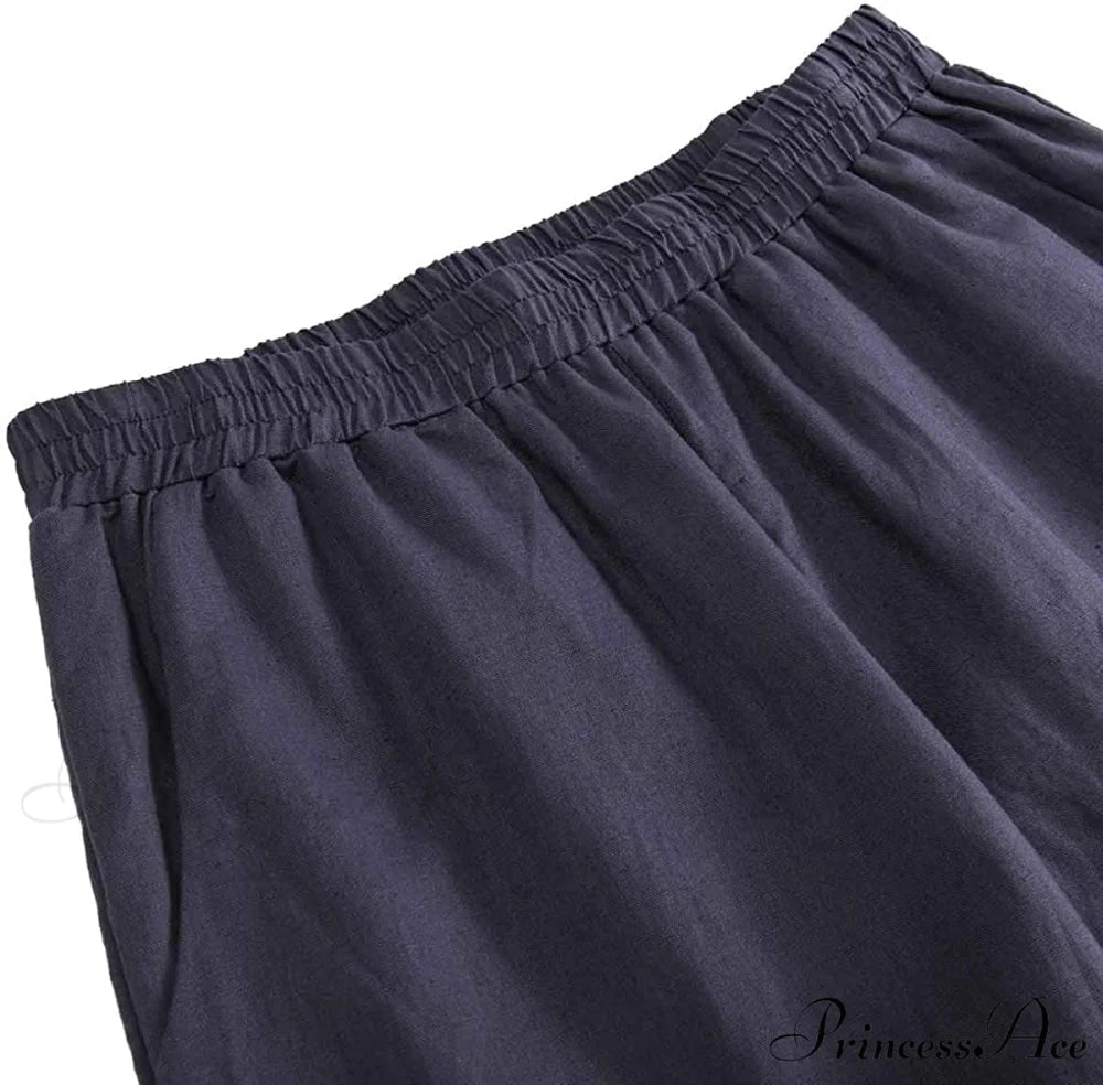 Womens Linen Capri Pants with Pockets Full Elastic Waistband Casual Pants