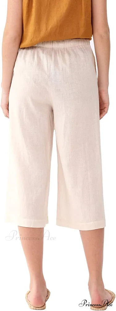 Womens Linen Capri Pants with Pockets Full Elastic Waistband Casual Pants