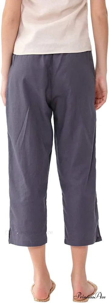 Womens Linen Capri Pants with Pockets Full Elastic Waistband Casual Pants