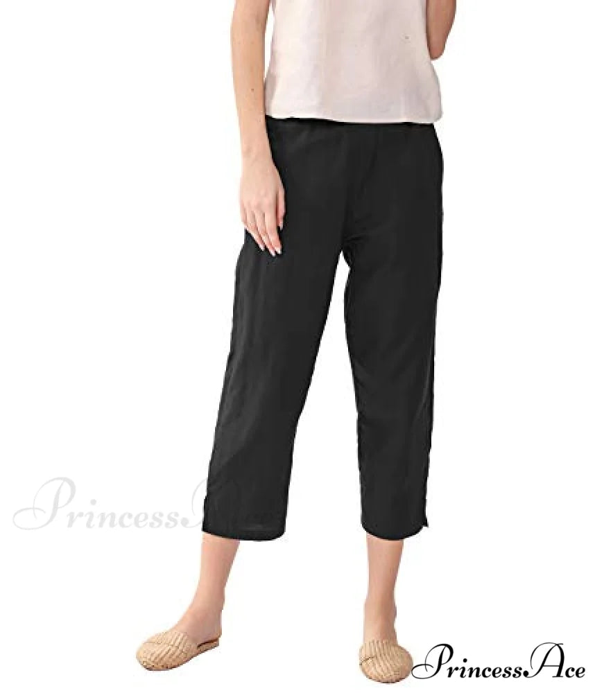 Womens Linen Capri Pants with Pockets Full Elastic Waistband Casual Pants