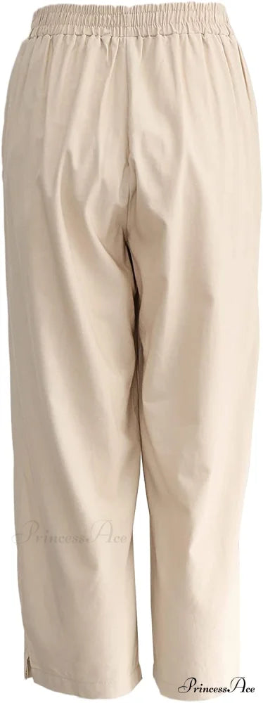 Womens Linen Capri Pants with Pockets Full Elastic Waistband Casual Pants