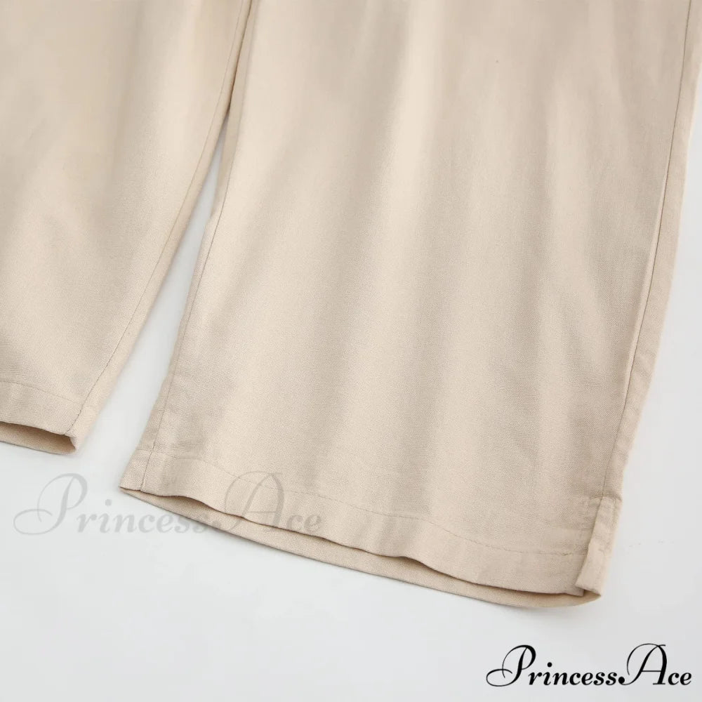 Womens Linen Capri Pants with Pockets Full Elastic Waistband Casual Pants