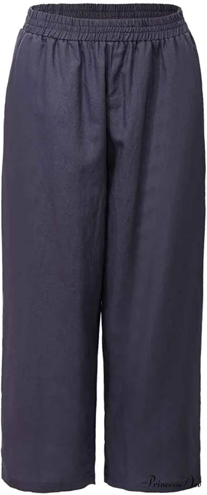 Womens Linen Capri Pants with Pockets Full Elastic Waistband Casual Pants