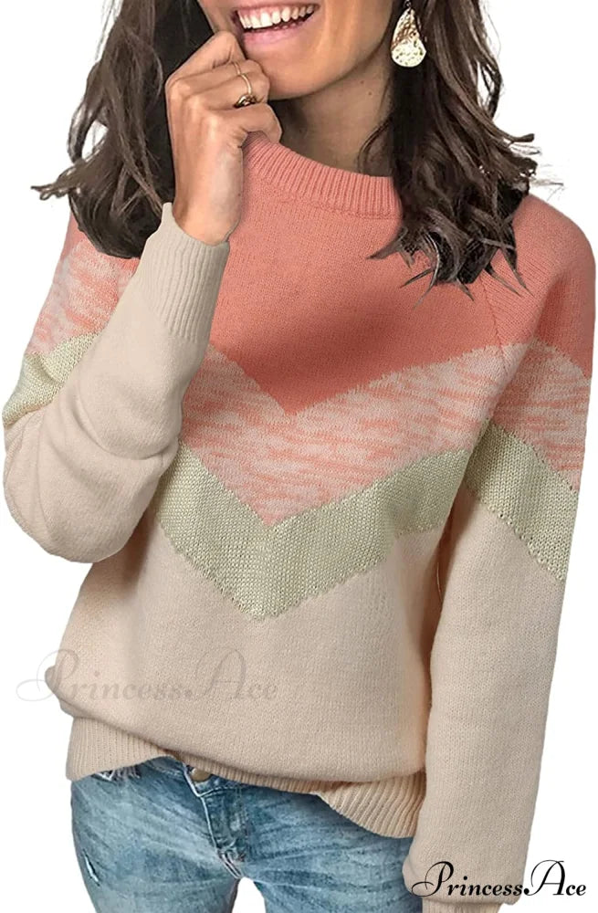 Womens Long Sleeve Crewneck Pullover Knit Jumper Tops B1 Pink / Medium