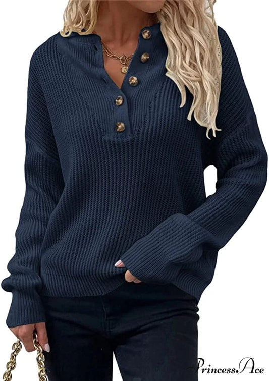 Women’s Loose Button V Neck Long Sleeve Sweater Navy Blue / Large