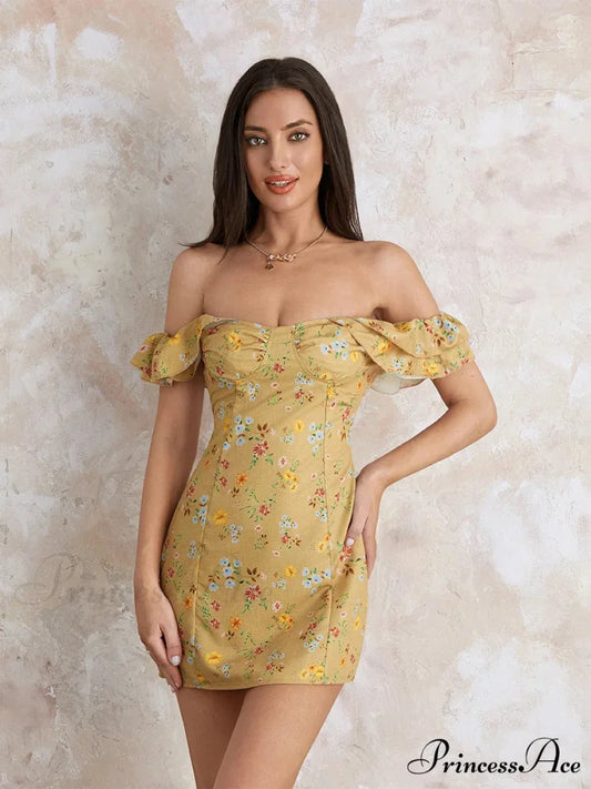 Women’s Off Shoulder Mini Sleeveless Ruffle Trim SlimFit Clubwear Floral Dress
