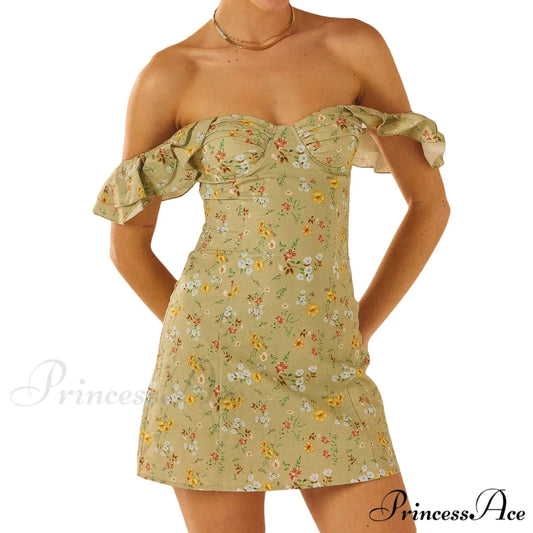 Women’s Off Shoulder Mini Sleeveless Ruffle Trim SlimFit Clubwear Floral Dress Green / S / 164