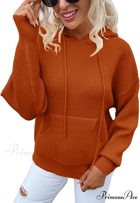 Women’s Rib-Knit Hooded Sweaters Cozy Drawstring Pullover Brown / XX-Large