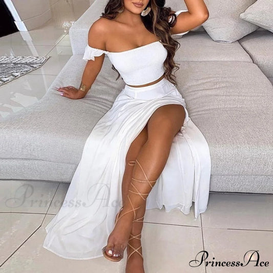 Women’s Slash and - Long Warm-Season Top Slit Piece Spring with Shoulder Neck Set Two Off Flowered Party Gown Design