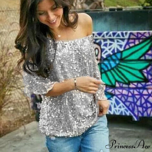 Women’s - Spring/Autumn Off-Shoulder - Long Sequin Arm T-Shirt Fit Shining Loose Top