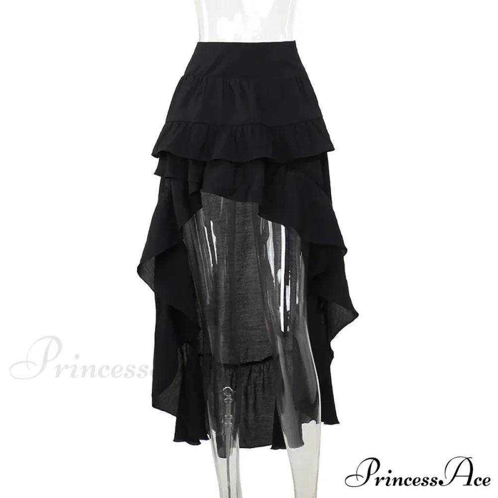 Women’s SteamRetro Gothic Pleated Asymmetric Hi-Low Lace Party Irregular Victorian High-Low Skirt Black / S