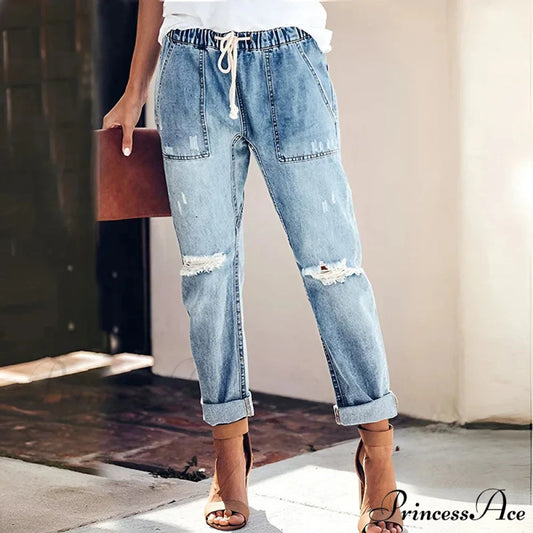 Women’s Streetwear Ripped Vintage Casual Fashion Drawstring Elastic Waist High Elastic Baggy Jean Light Blue / S