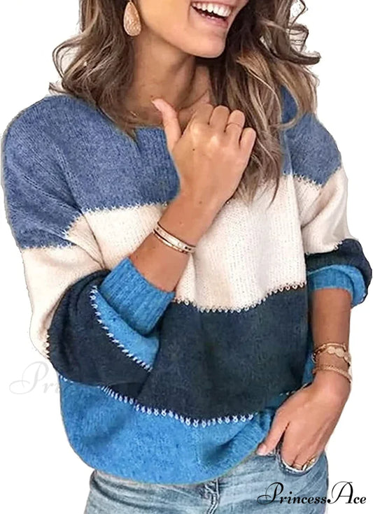 Women’s Stripe Sweaters Color Block Long Sleeve Pullover Blue / Small