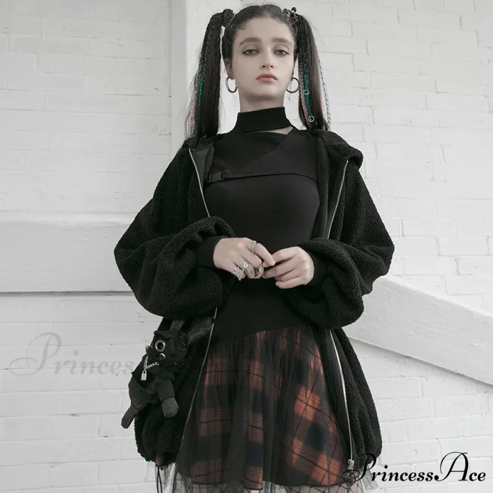Women’s Style Mesh Stitched Plaid Warm High-waisted Fluffy Daily Thick Personality Mini Skirt BLACK / S