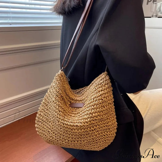 Women’s Summer Straw Crossbody Shoulder Purse dark khaki / 29x24x6cm shoulder-250126