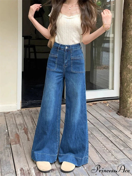 Women’s Vintage Style Micro Flared Street Girl Bottoms High Waisted Pant Female Fashion Blue Denim Wide Leg Jeans