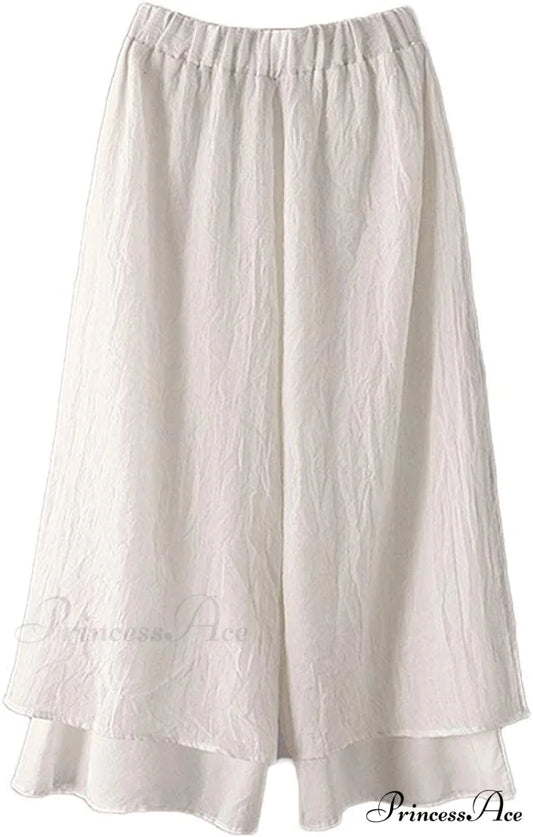 Women’s Wide Leg Pants Loose Layer Elastic Waist Capris White / Large