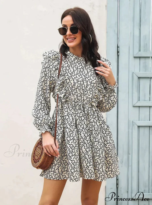 Wood Ear Collar Long Sleeve Printed Dress with Ruffled Detail S / BLACK