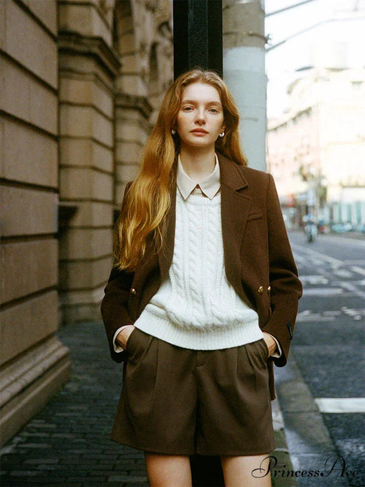 Wool Commuter Short Double-sided Single-breasted Two-button Lady Simple Elegant Coat COFFEE / S