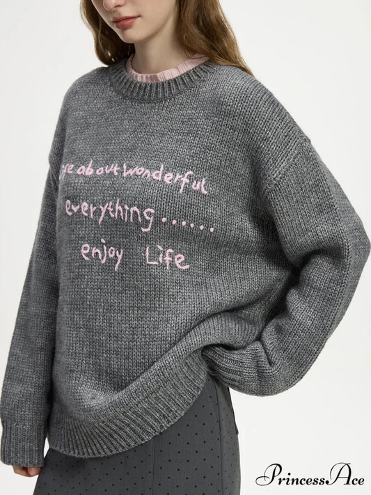 Wool Correspondence Embroidery Color Clash Sweater GRAY / XS swraters-241228