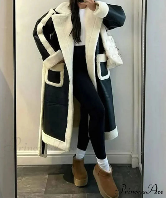 Woolen Patchwork Leather Extended Coat black and white / S coats-241228