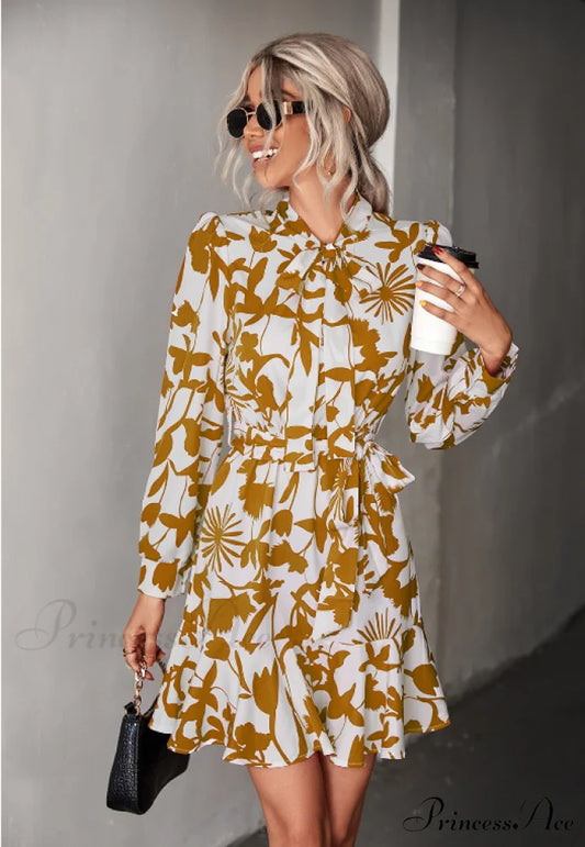 Woven Belt Waist Dress with Long Sleeves S / red