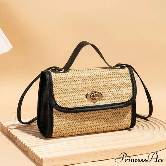 Woven Courier Straw Travel Tote Purse Black handbag-250126