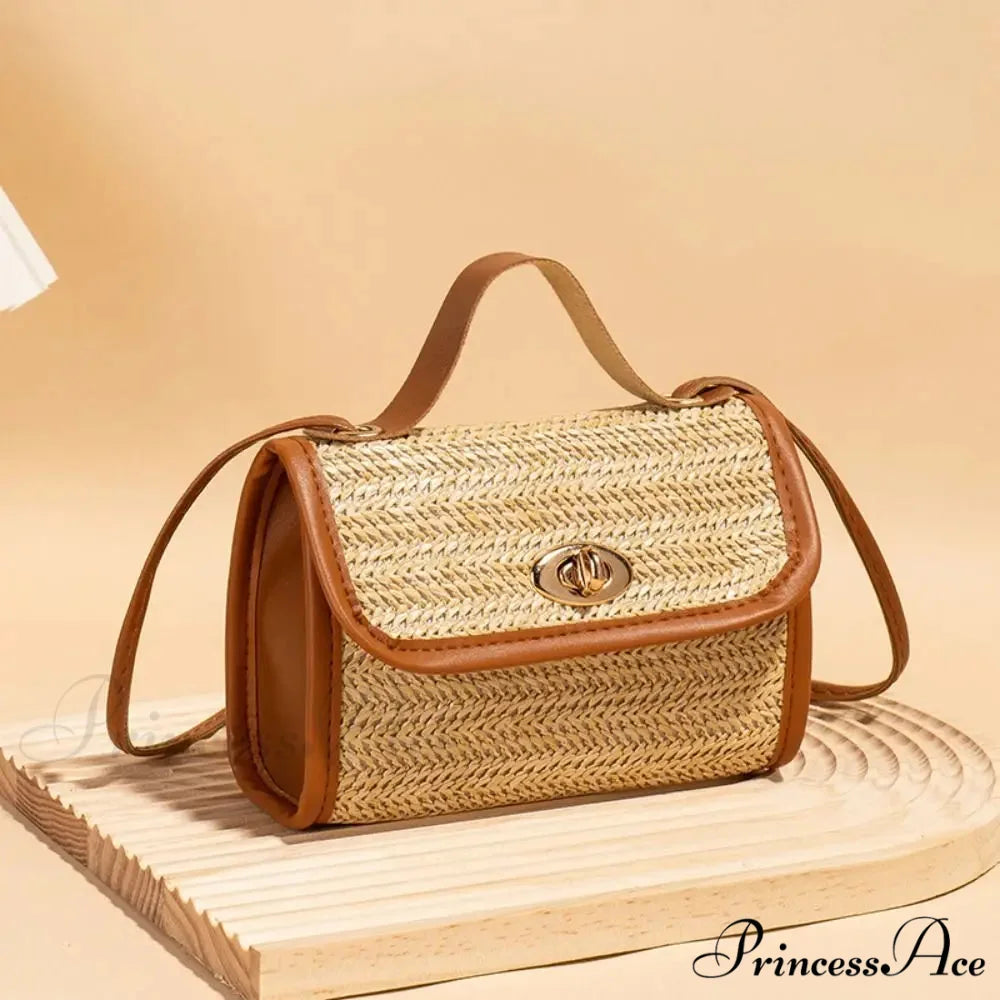 Woven Courier Straw Travel Tote Purse Brown handbag-250126