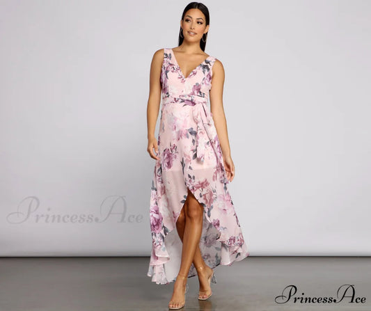 Wrapped In Romance Charming Floral Chiffon Maxi Dress MAUVE / XS